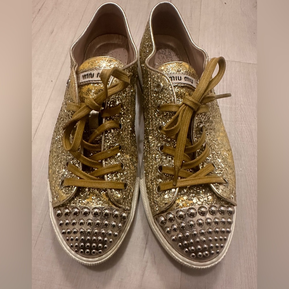 Miu Miu Glitter Luxe Calzature Donna Studded Sneaker Size 38 1/2